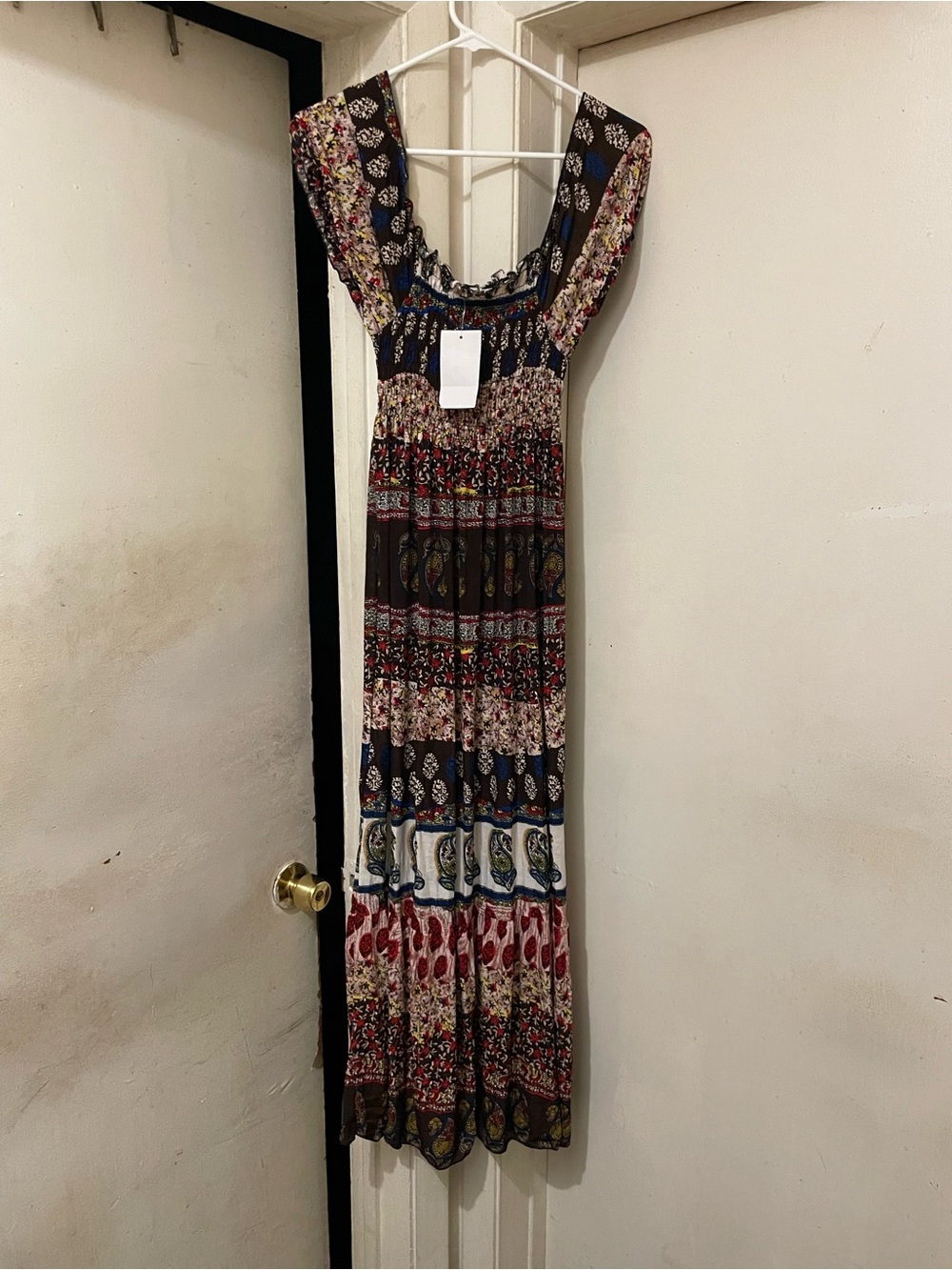 Women’s Multicolor Paisley Boho Square Neck Puff Sleeve Maxi Dress M